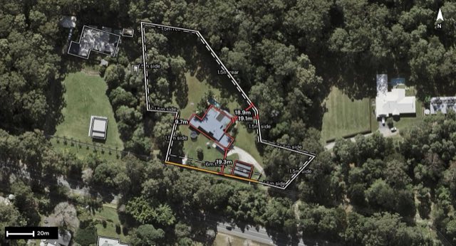 Aerial of 261 Tanawha Tourist Drive, Tanawha QLD 4556 with the block outlined
