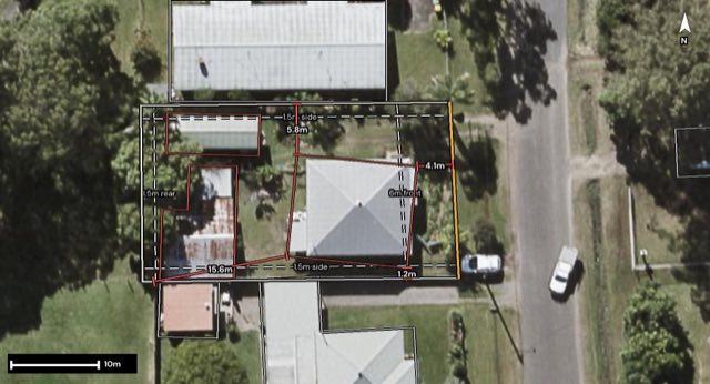 Aerial of 27 Railway Street, Yandina QLD 4561 with the lot and setbacks drawn on