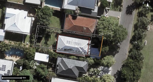 Aerial of 29 Essex Road, Indooroopilly QLD 4068 with the block outlined