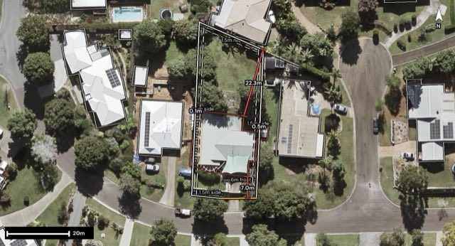 Aerial of 3 Dana Close, Glass House Mountains QLD 4518 with the block outlined