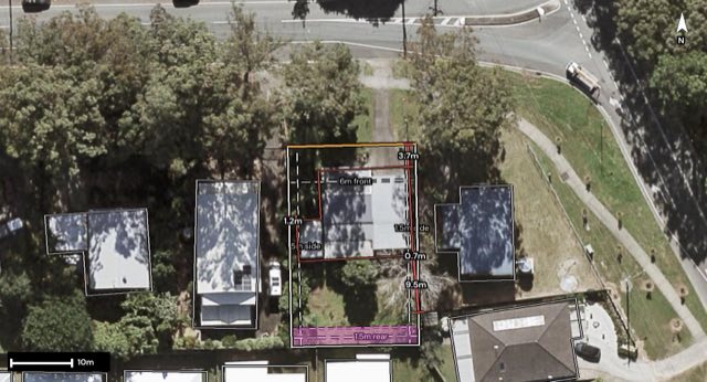 Aerial of 3 Sahara Road, Glass House Mountains QLD 4518 with the lot and setbacks drawn on