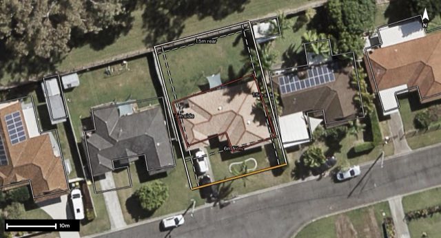 Aerial of 30 Antigua Crescent, Deception Bay QLD 4508 with the lot and setbacks drawn on