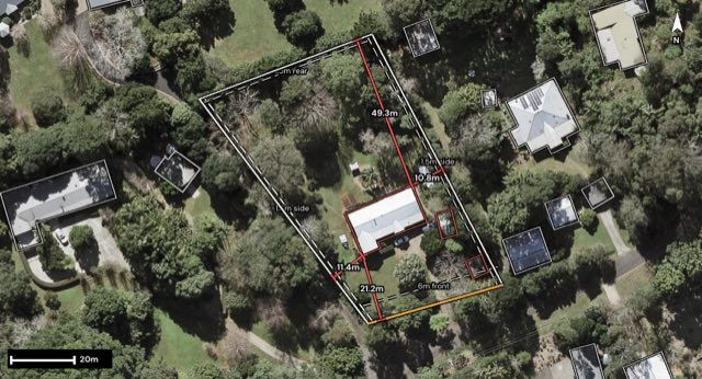 Aerial of 30 Thynne Court, Maleny QLD 4552 with the lot and setbacks drawn on