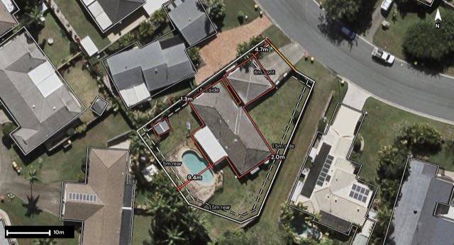 Aerial of 31 Adori Drive, Mountain Creek QLD 4557 with the lot and setbacks drawn on