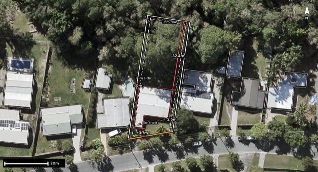Aerial of 31 Montrose Street, Beerwah QLD 4519 with the block outlined