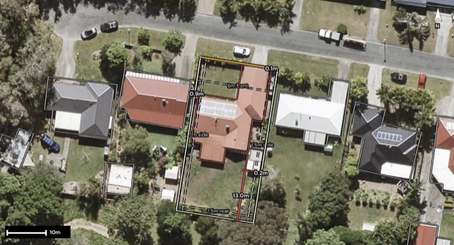 Aerial of 31 Paul Place, Glass House Mountains QLD 4518 with the lot and setbacks drawn on
