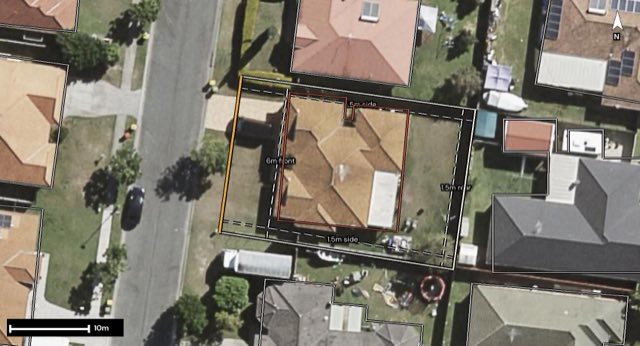 Aerial of 32 Kingma Crescent, Caboolture QLD 4510 with the block outlined