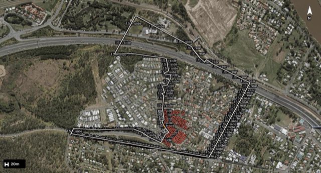 Aerial of 32 Whitmore Crescent, Goodna QLD 4300 with the block outlined