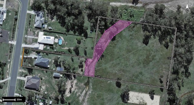 Aerial of 33 White Gums Road, Hatton Vale QLD 4341 with the block outlined