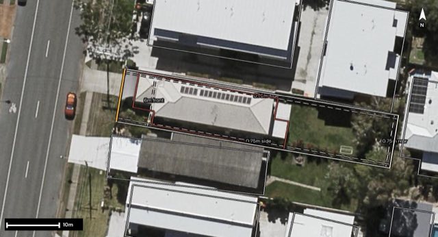 Aerial of 336 Scarborough Road, Scarborough QLD 4020 with the block outlined
