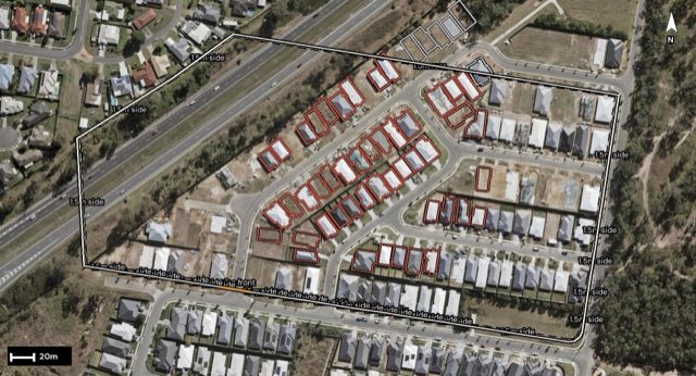 Aerial of 34 Dominique Way, Flinders View QLD 4305 with the block outlined
