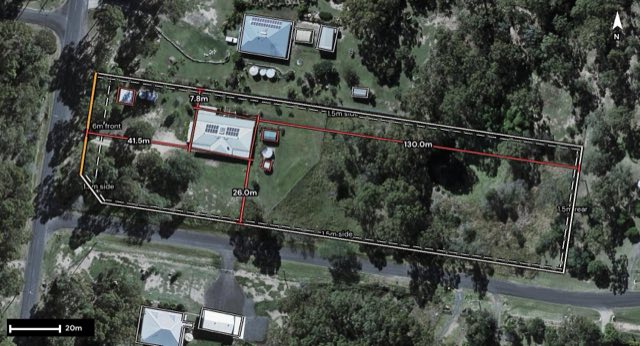 Aerial of 34 Gutt Road, Regency Downs QLD 4341 with the block outlined