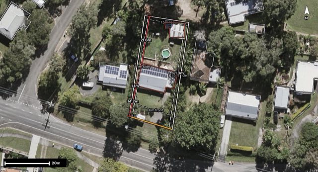 Aerial of 34 Queen Street, Cooran QLD 4569 with the block outlined