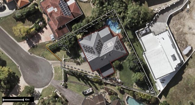 Aerial of 34 Shuttle Place, Bridgeman Downs QLD 4035 with the block outlined