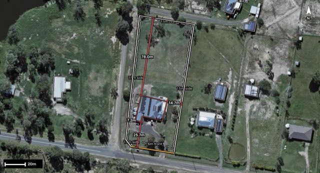 Aerial of 35 Pats Road, Plainland QLD 4341 with the block outlined