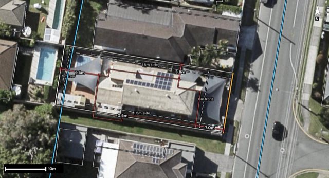 Aerial of 38 Morala Avenue, Runaway Bay QLD 4216 with the block outlined