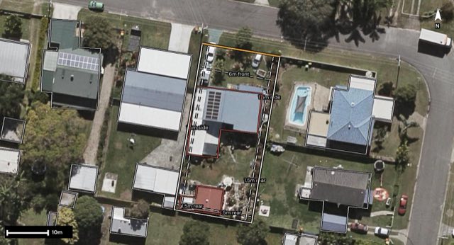 Aerial of 4 Finnegan Boulevard, Deception Bay QLD 4508 with the block outlined