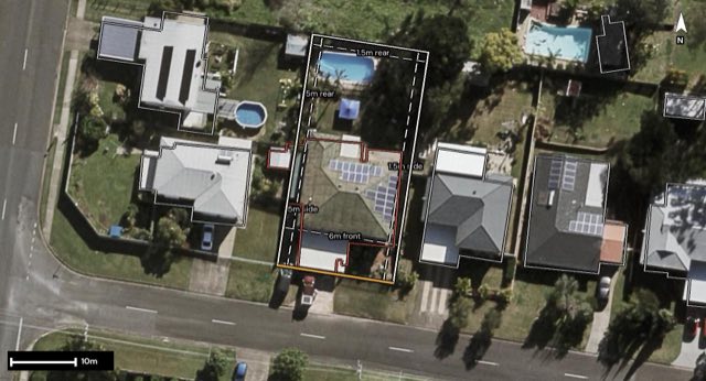 Aerial of 4 Rumsey Drive, Raceview QLD 4305 with the block outlined