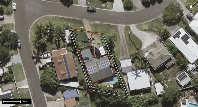Aerial of 4 Tarnkun Street, Alexandra Headland QLD 4572 with the block outlined