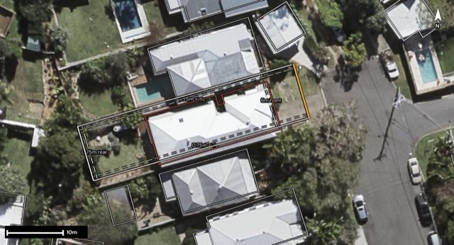 Aerial of 42 Addison Street, Red Hill QLD 4059 with the block outlined