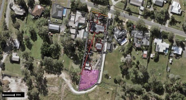 Aerial of 44 Laxton Road, Palmview QLD 4553 with the block outlined