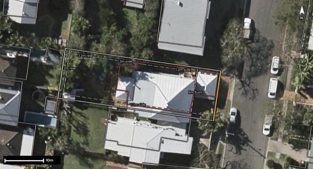 Aerial of 44 Ormond Street, Ascot QLD 4007 with the block outlined
