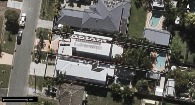 Aerial of 44 Palmtree Avenue, Scarborough QLD 4020 with the block outlined
