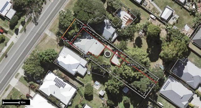 Aerial of 45 Coonowrin Road, Glass House Mountains QLD 4518 with the block outlined