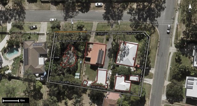 Aerial of 45 Mclean Street, Redbank Plains QLD 4301 with the lot and setbacks drawn on
