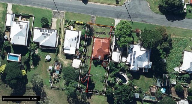 Aerial of 46 Bellambi Street, Toogoolawah QLD 4313 with the block outlined