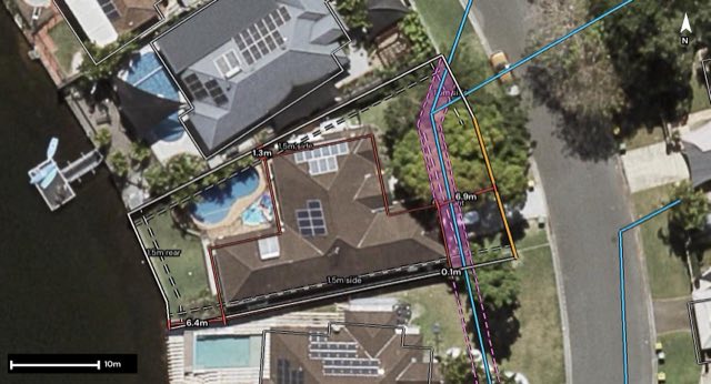 Aerial of 46 Burrendong Road, Coombabah QLD 4216 with the lot and setbacks drawn on