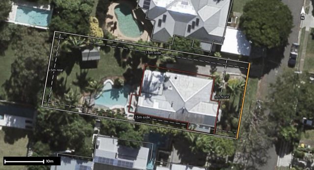 Aerial of 46 Duke Street, Bulimba QLD 4171 with the block outlined