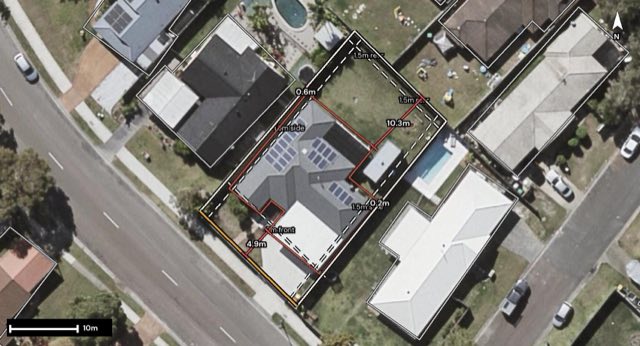 Aerial of 46 Village Way, Little Mountain QLD 4551 with the block outlined