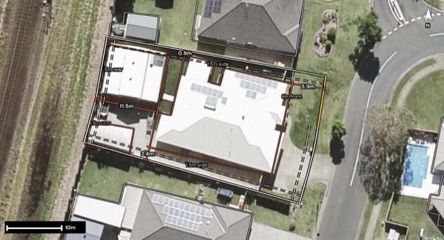 Aerial of 47 Coochin Hills Drive, Beerwah QLD 4519 with the lot and setbacks drawn on