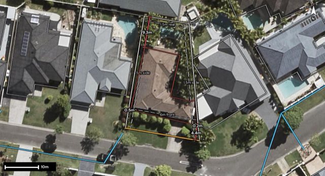 Aerial of 5 Lanai Drive, Burleigh Waters QLD 4220 with the block outlined