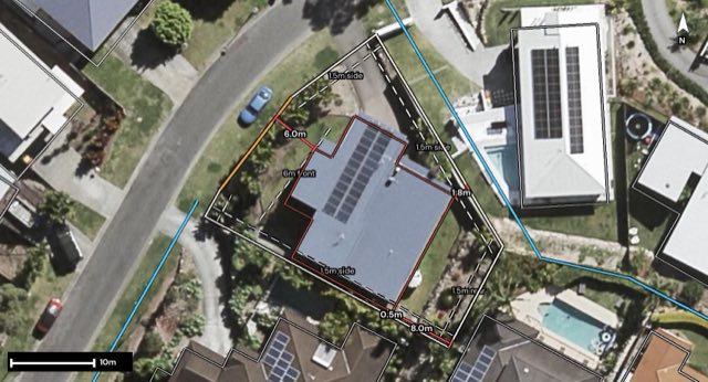 Aerial of 52 Sky Royal Terrace, Burleigh Heads QLD 4220 with the block outlined