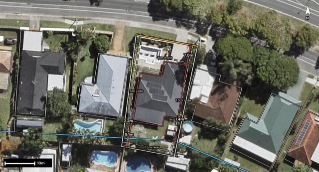 Aerial of 54 K P Mcgrath Drive, Elanora QLD 4221 with the block outlined