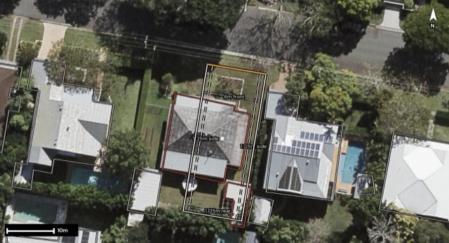 Aerial of 54 Mortlake Road, Graceville QLD 4075 with the block outlined