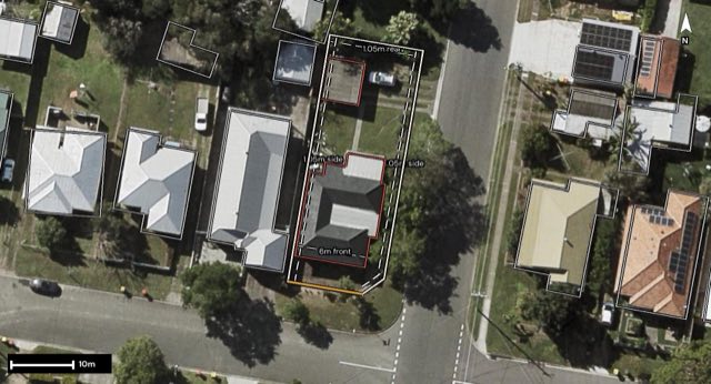 Aerial of 55 Royal Street, Virginia QLD 4014 with the block outlined