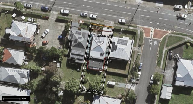 Aerial of 57 Deshon Street, Woolloongabba QLD 4102 with the block outlined
