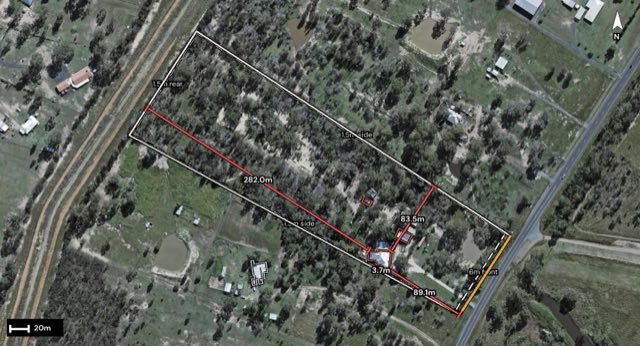 Aerial of 587 Gatton Esk Road, Adare QLD 4343 with the block outlined