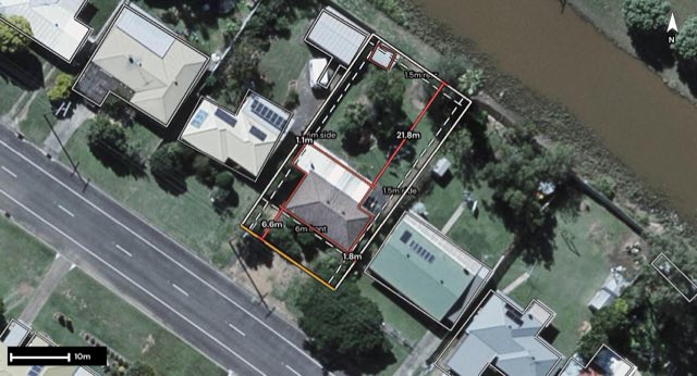 Aerial of 59 Golf Links Drive, Gatton QLD 4343 with the block outlined