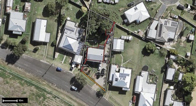 Aerial of 64 Railway Street, Laidley QLD 4341 with the block outlined
