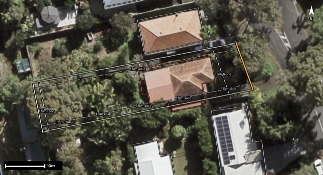 Aerial of 65 Orchard Terrace, St Lucia QLD 4067 with the block outlined