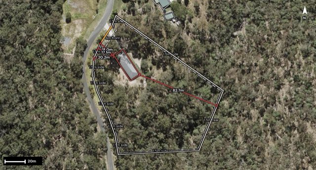 Aerial of 65 Pinnacle Drive, Wongawallan QLD 4210 with the block outlined