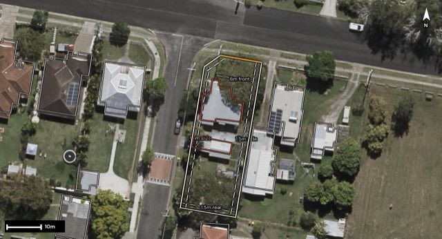 Aerial of 66 Smiths Road, Goodna QLD 4300 with the block outlined