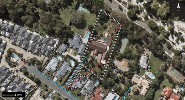 Aerial of 69 Marbella Drive, Benowa QLD 4217 with the block outlined