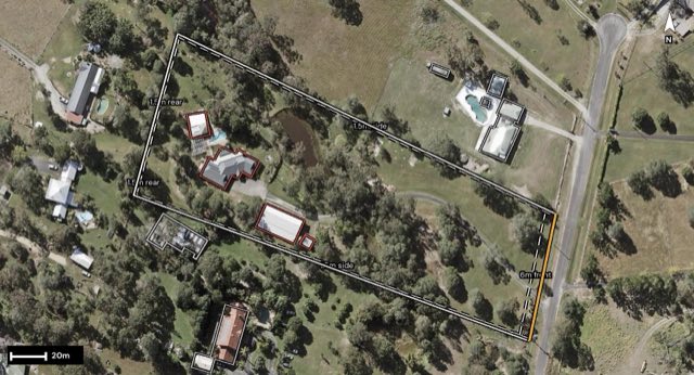 Aerial of 7 Brunswick Place, Wights Mountain QLD 4520 with the block outlined