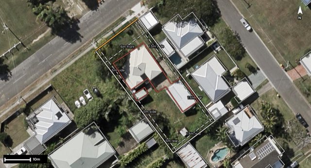 Aerial of 7 Elliott Road, Banyo QLD 4014 with the block outlined