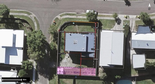 Aerial of 7 Tuckers Creek Drive, Nambour QLD 4560 with the lot and setbacks drawn on